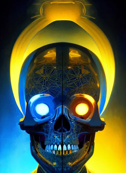 Image similar to symmetry!! portrait of a skull, sci - fi, tech wear, blue and yellow glowing lights!! intricate, elegant, highly detailed, digital painting, artstation, concept art, smooth, sharp focus, illustration, art by artgerm and greg rutkowski and alphonse mucha