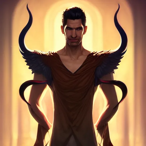 Image similar to Lucifer as an attractive man, 4k digital character design by Artgerm, WLOP, beeple, Hi-Fructose, James Jean, Andrei Riabovitchev, Marc Simonetti, yoshitaka Amano, Artstation, CGsociety