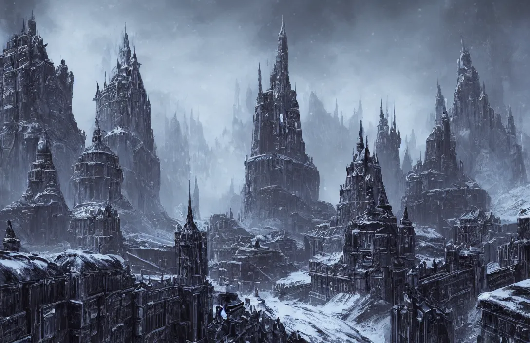 Image similar to The capital of a warhammer 40k imperial russian citadel, sci fi, located in the frozen northern wastes, soviet tower blocks, neo gothic magnificence, foreboding black steel exterior, snow capped mountains, fantasy, highly detailed, digital painting, artstation, concept art, illustration, art by Bayard Wu and Marc Simonetti and Diego Gisbert Llorens