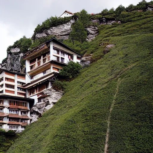 Prompt: a beautiful alpine lodge sitting precariously atop the side of a jutting cliffside, painted by yoshitaka amano