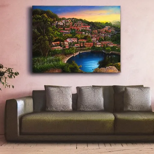 Prompt: roman village on a steep hill during sunset, lake view, ultra realistic painting, oil paint, dramatic lighting