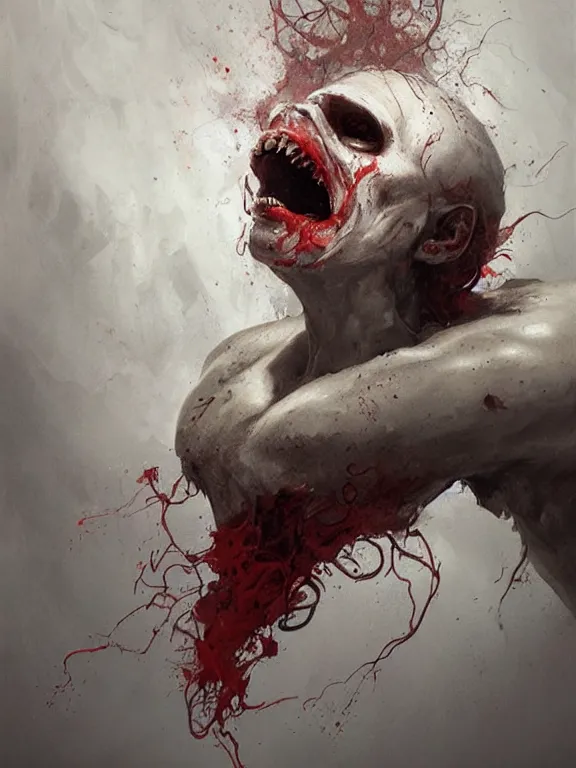 Image similar to painting by greg rutkowski of a flying sorrowful looking human head with tears running down it's eyes, face that is chalk white in color, with long sprawling white tentacles stemming down it's neck, fiery scorching red eyes, flying in a terrying hellish dark cavernous place