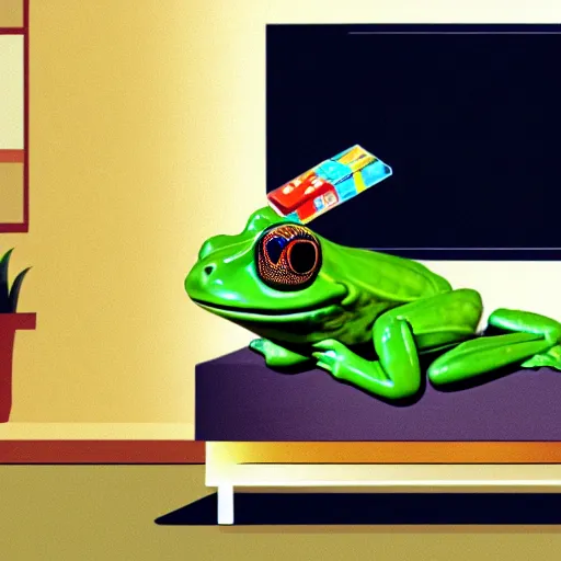 Image similar to A frog sits on a couch and watched TV, Hyperrealistic