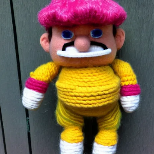 Image similar to a doll of wario made out of yarn