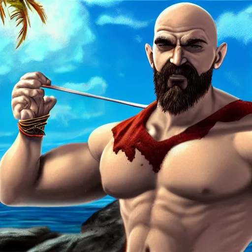 Prompt: kratos wearing a bikini and eating spaghetti, detailed digital art