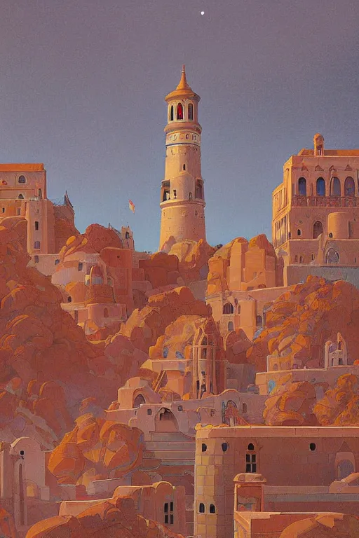 Image similar to glorious painted tower of the moon, by Sylvain Sarrailh and Ludwig Deutsch and Nicholas Roerich, dramatic cinematic lighting , beautiful colorful tilework, ornate architecture, smooth, sharp focus, extremely detailed