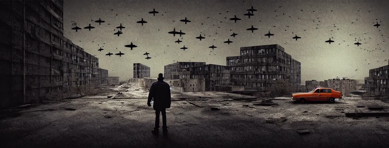 Prompt: abandoned city + a lone man + (((school of fish flying in the sky))) + (((habitat 67))), Mads Berg, Karolis Strautniekas, film noir, textured light, dramatic lighting,editorial illustration, detailed,fine texture, matte print, dark blue + dark orange, red, black, extreme perspective, volumetric light