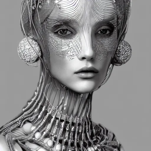 Image similar to closeup portrait of an absurdly beautiful, graceful, sophisticated, fashionable cyberpunk mechanoid gravure idol, ultrafine hyperdetailed illustration by irakli nadar, matt wisniewski style, marvel comics, intricate linework, porcelain skin, neon jellyfish headdress, ivory carved ruff, unreal engine 5 highly rendered, global illumination, radiant light, detailed and intricate environment