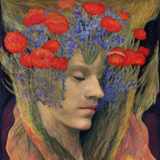 Image similar to facemask made of flowers, by annie swynnerton and jean delville and rufino tamayo and edward hopper and evelyn de morgan, art deco flower shaman, art brut, outsider art, symbolist, dramatic lighting, god rays, elaborate geometric ornament, clean crisp graphics, smooth sharp focus, extremely detailed, adolf wolfli