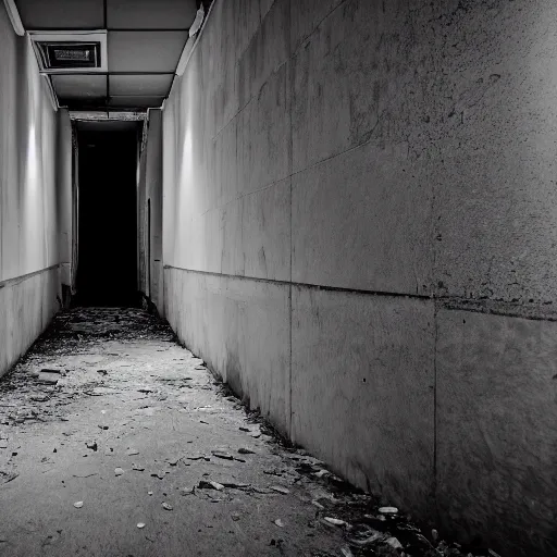 Prompt: black and white security camera image of a hooded figure caught in the hallway of a rotting abandoned brutalism structure