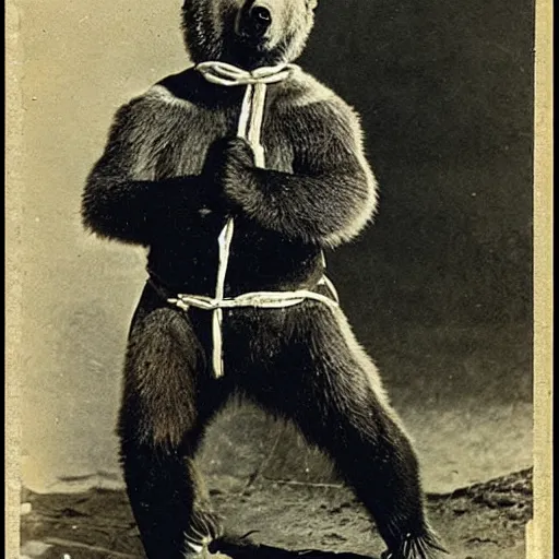 Prompt: “grizzly bear in full ninja outfit, 1900’s photo”