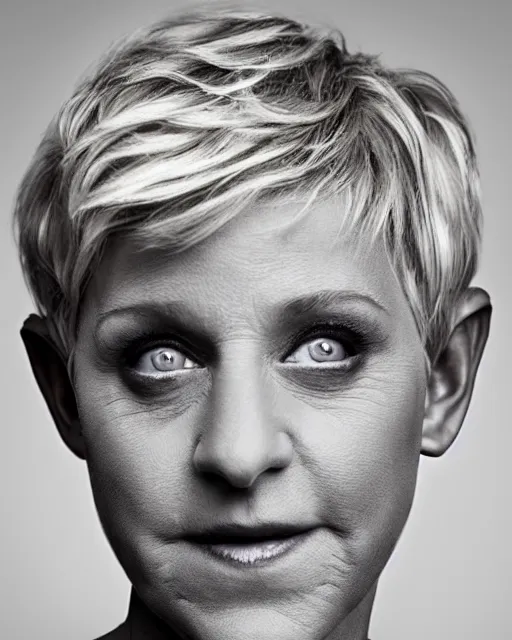 Image similar to headshot of ellen degeneres as a mythical satyr, ellen degeneres in highly detailed satyr makeup and prosthetics designed rick baker, studio lighting, 8 k, photo shoot, 9 inch kershaw soft focus lens f / 5. 6