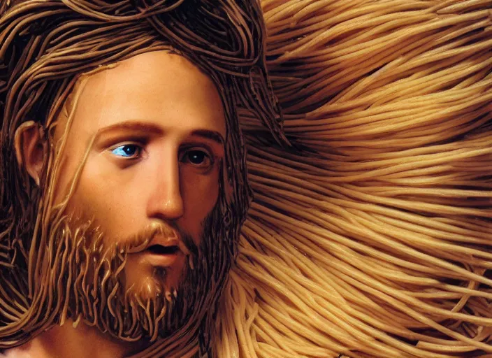 Image similar to spaghetti jesus, detailed facial expressions