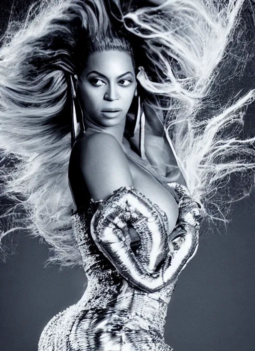 Prompt: music video still of beyonce styled by nick knight posing, showstudio,, full body shot, vogue magazine, canon, highly realistic. high resolution. highly detailed. dramatic. 8 k. 4 k.