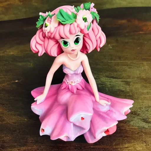 Prompt: a femo figurine of a cute funny strawberry fairy with a frilly floral dress featured on steven universe, by lois van baarle, pastels, wide angle, 🎀 🍓 🧚♀