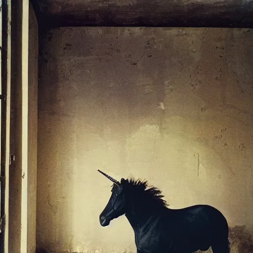 Image similar to a black unicorn in a soviet abandoned building, film still by david lynch, depicted by balthus, limited color palette, very intricate, art nouveau, highly detailed, lights by hopper, soft pastel colors, minimalist