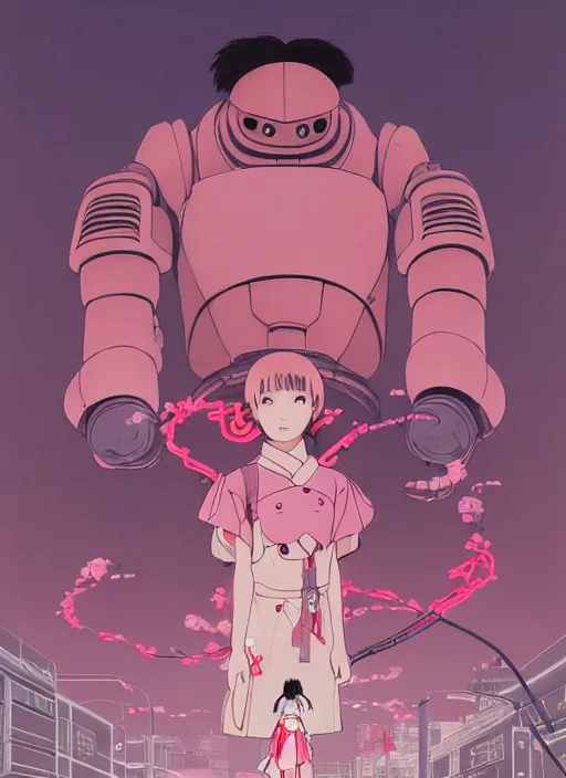 Image similar to Artwork by James Jean, Phil noto and hiyao Miyazaki; a young Japanese future samurai police girl named Yoshimi battles an enormous looming evil natured soft carnivorous pink robot on the streets of Tokyo; Japanese shops and neon signage; crowds of people running; Art work by studio ghibli, Phil noto and James Jean