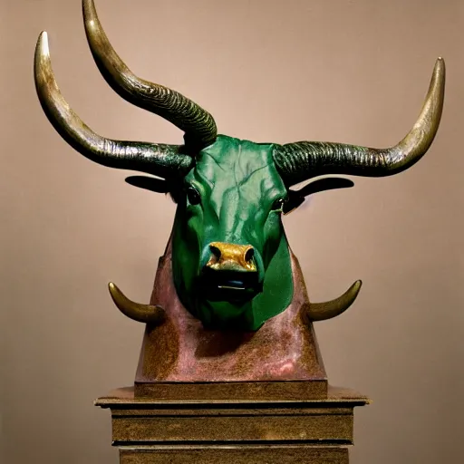 Prompt: professional color photograph of a patinated bronze portrait bust of an angry Texas Longhorn bull supported by a bronze plinth, by Auguste Rodin