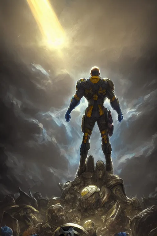 Image similar to a distant shot of a single super soldier with blue and yellow flag and standing alone on a huge pile of human skulls as a winner, masculine figure, D&D, fantasy, volumetric lights, beam of bright light through the clouds, intricate, elegant, highly detailed, extremely detailed, digital painting, artstation, concept art, matte, smooth, sharp focus, hyper realistic, illustration, art by Artgerm and Greg Rutkowski and Alphonse Mucha