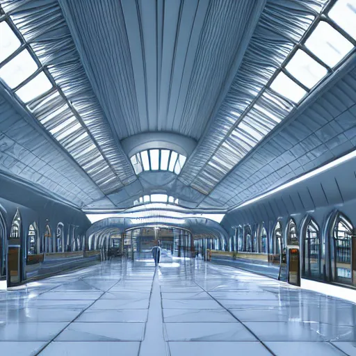 Prompt: elaborate and beautiful train station hall, designed by zaha hadid, bold colored walls, unique architecture, sunbeams unreal engine 5 render, keyshot render, octane render, ultra high detail, ultra realistic, 8k