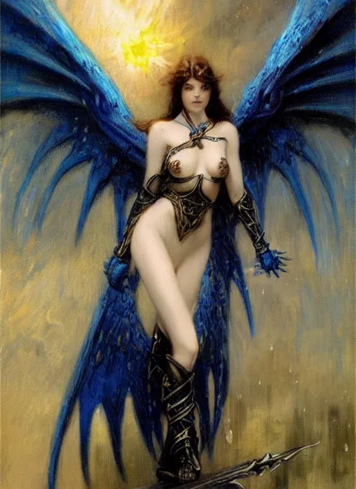 Image similar to angel knight gothic girl in dark and blue dragon armor. by gaston bussiere