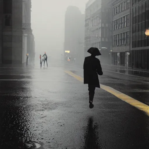 Image similar to a photograph of a man running down the street wearing a hat on a rainy day on expired kodak film, 3 5 mm, award - winning photograph, striking lighting, perfect composition