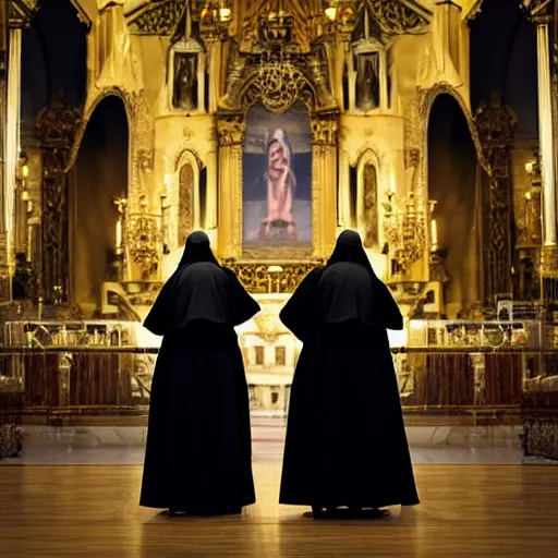 Image similar to award winning photo Floating nuns,Very long arms, in a sanctuary, eerie, frightening —width 1024 —height 1024