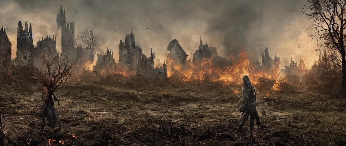 Prompt: destroyed village in the background, scattered trees, highly detailed fire tendrils, dead bodies scattered in mud, body parts, castle spires in background, foot path leads to background, flying mud, debris, smoke, field, wet, dawn, partly cloudy, cold breath, hyper realistic, octane render, hyper detailed, cinematic, medium shot