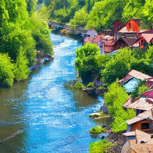 Prompt: a river flowing through a futuristic eastern european village, summer photo