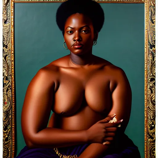 Image similar to A portrait of a thick powerful and gorgeous non-binary person, dark black skin tone, oil painting by Kehinde Wiley, majestic, detailed, high resolution