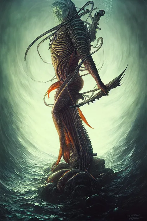 Prompt: fish wizard by anna podedworna, ayami kojima, greg rutkowski, giger, maxim verehin