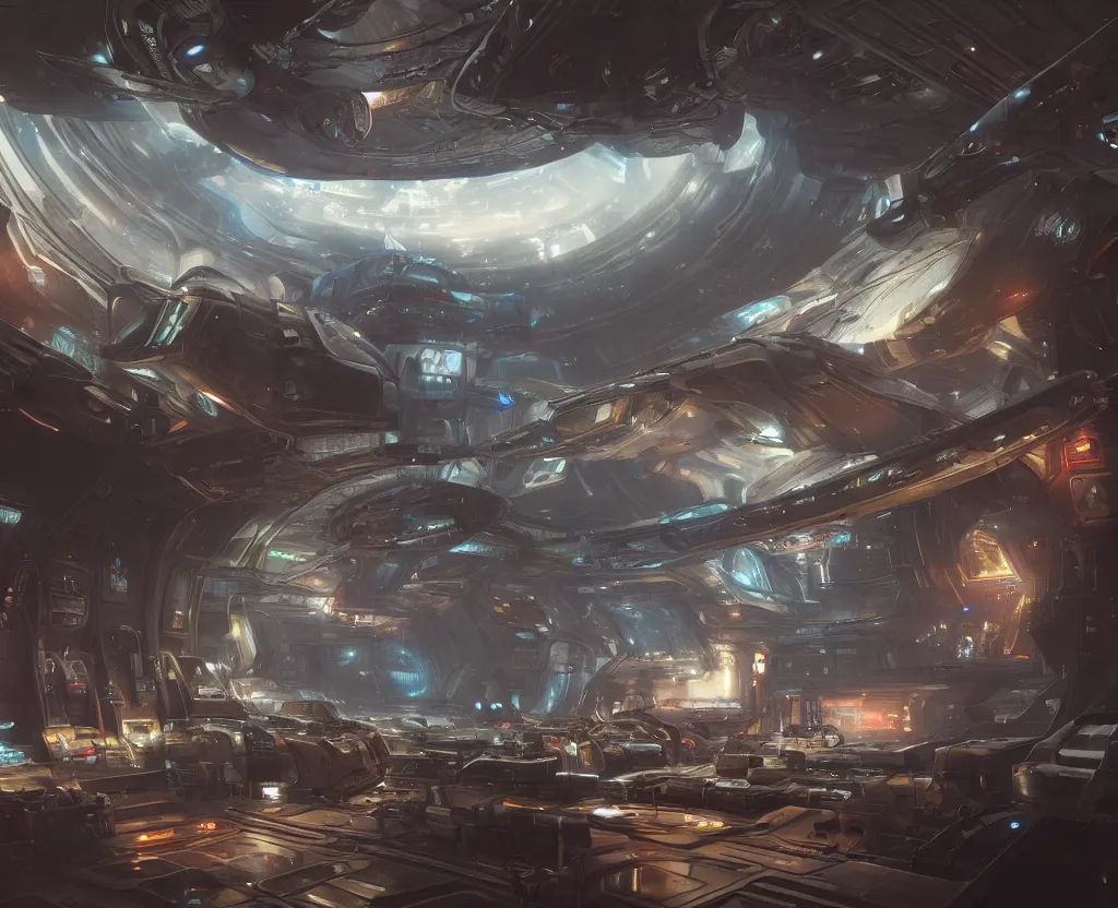 Image similar to the inside of a futuristic space dock, highly detailed interior, holographic screen in center frame by peter mohrbacher and craig mullins, dieselpunk, cyberpunk, firefly, star citizen, unreal engine, extreme detail, hyper realism, realistic shading, cinematic composition, realistic render, octane render, detailed textures, photorealistic