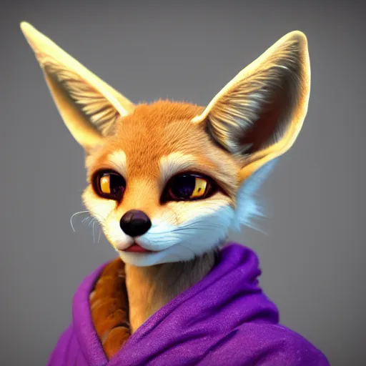 Image similar to a highly detailed portrait of a humanoid light brown fennec fox, with a white muzzle, bright orange eyes, in a purple cloak, artstation, DeviantArt, professional, octane render, 3d render