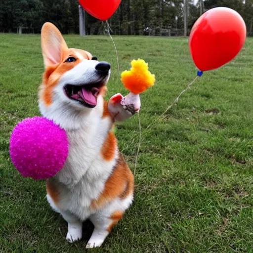 Prompt: Corgi on shrooms fights scary clowns