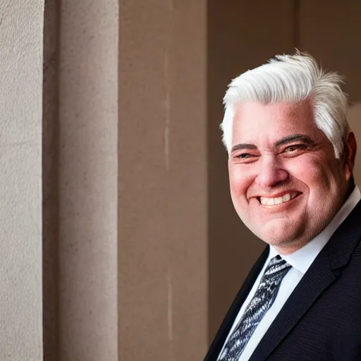 Prompt: close - up portrait of chubby chubby chubby white clean - shaven man in his sixties with white hair wearing a suit and tie, open mouthed smile,