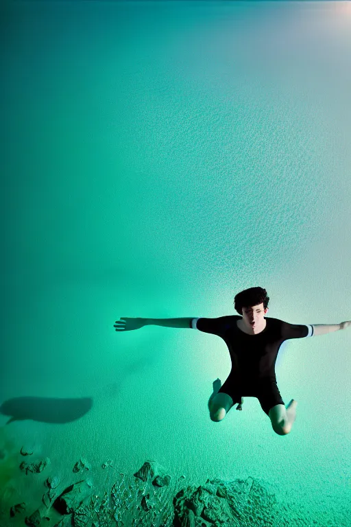 Prompt: high quality pastel coloured film mid angle docu photograph of a beautiful young 2 0 year old male, soft features, short black hair, falling, jumping in an icelandic black rock pool environment. atmospheric. three point light. photographic. art directed. ( pastel colours ). volumetric light. clearcoat. waves glitch. 8 k. filmic.