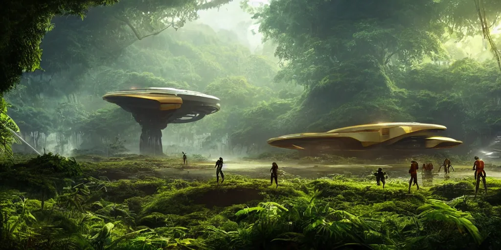 Image similar to a huge futuristic rusty old alien spaceship, next to it a smaller exploration ship on a landing pad, surrounded by a lush jungle, in the foreground two explorers are arguing and small animals! are walking around, golden hour, volumetric light, hyperdetailed, artstation, cgsociety, 8k