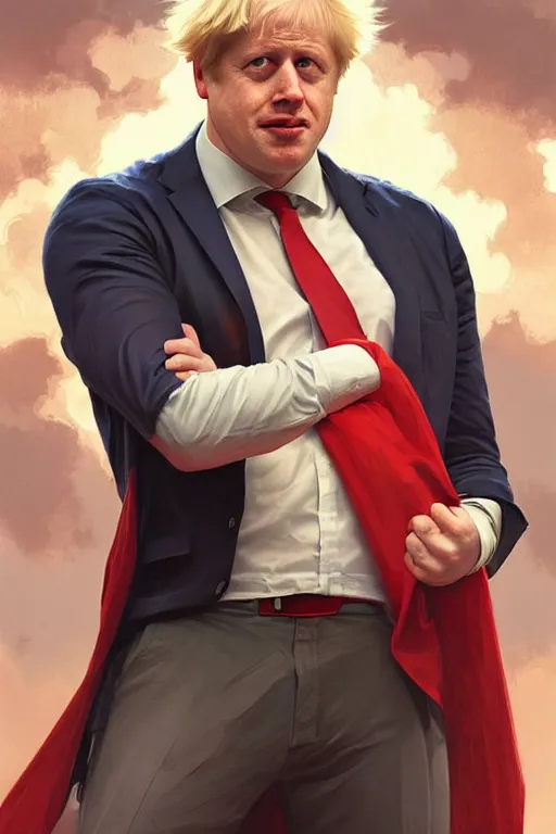 Prompt: Boris Johnson as Superman,realistic portrait, symmetrical, highly detailed, digital painting, artstation, concept art, smooth, sharp focus, illustration, cinematic lighting, art by artgerm and greg rutkowski and alphonse mucha