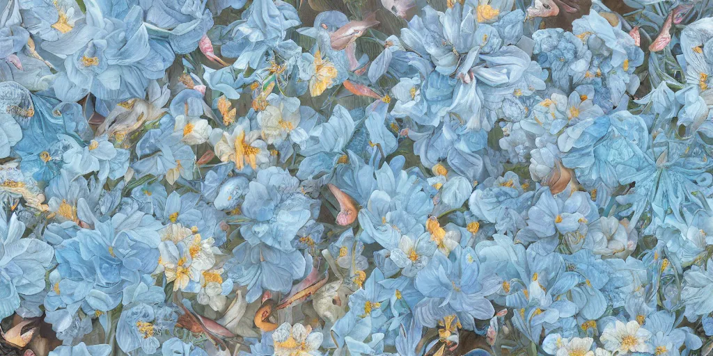 Prompt: breathtaking detailed concept art painting pattern of goddesses of light blue flowers with anxious piercing eyes and background blend of flowers and fruits and birds, by hsiao - ron cheng and beto val and john james audubon, bizarre compositions, exquisite detail, extremely moody lighting, 8 k