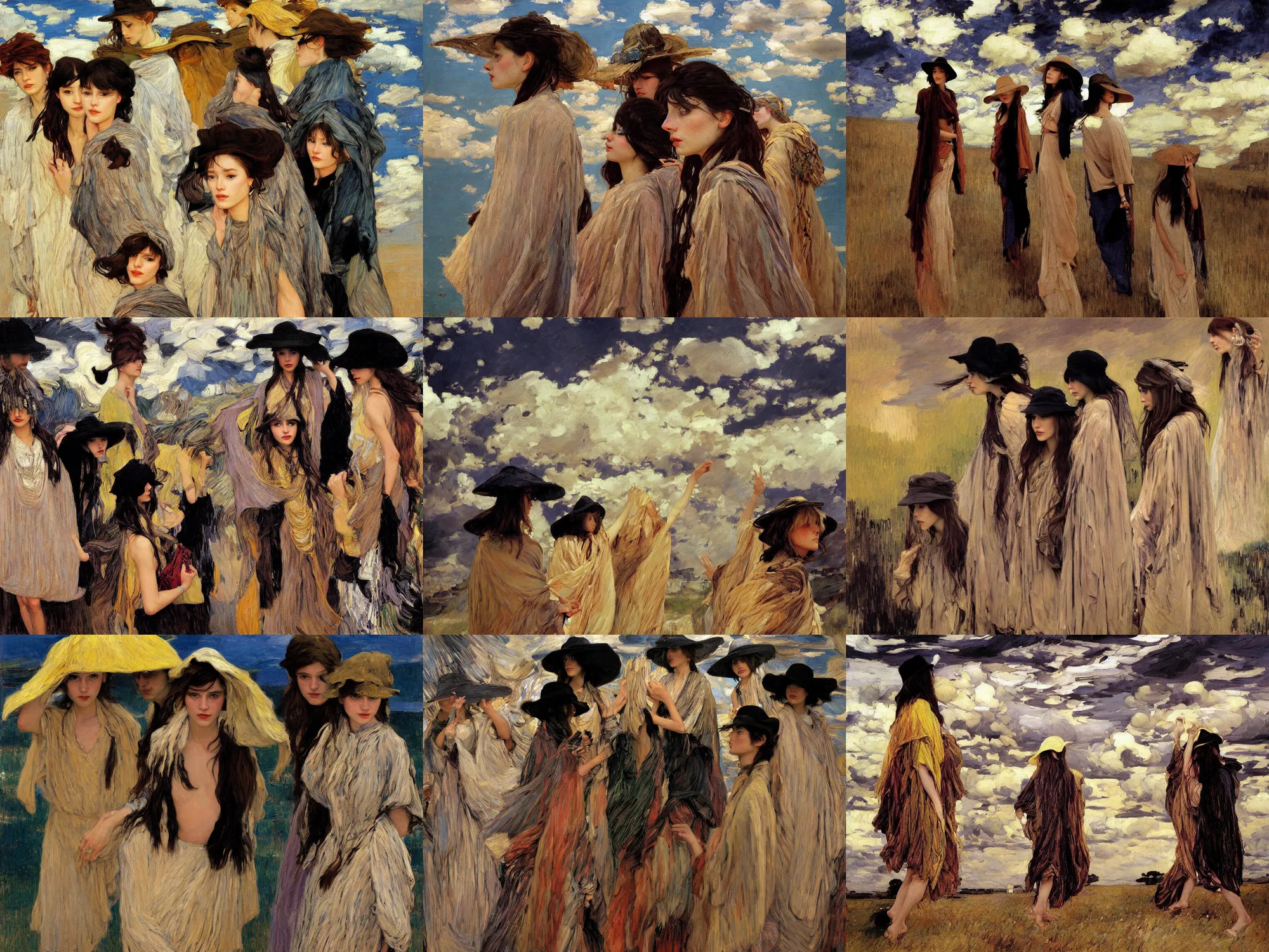 Prompt: dramatic light, thunder clouds in the sky, simple form, brutal shapes, shaman, portrait of group of fashionable young womans wearing rich jewerly hats and boho poncho, pixiv, 1970s fashion, anime, artwork by Joaquin Sorolla and john william waterhouse and Denis Sarazhin and James Jean and klimt and rhads and van gogh and Dean Ellis and Detmold Charles Maurice