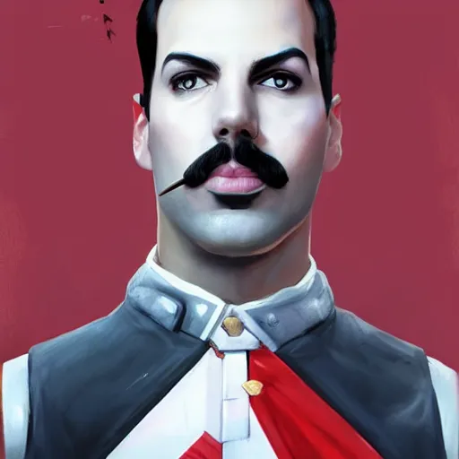 Image similar to portrait of freddie mercury in team fortress 2 style, tragic, elegant, fantasy, hd shot, digital portrait, beautiful, artstation, comic style, by artgerm, guy denning, jakub rozalski, magali villeneuve and charlie bowater