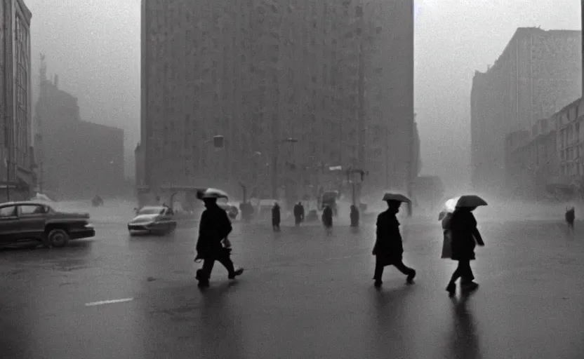 Image similar to 40s movie still of a sovietic street with many pedestrians silhouette with soviet highrise in the backround , Cinestill 800t 18mm, heavy grainy picture, very detailed, high quality, 4k panoramic, HD criterion, dramatic lightning, streetlight at night, rain, mud, foggy, CCCP flags all around