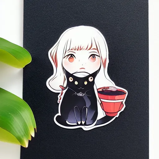 Image similar to girl with black cat, sticker, white background, by rossdraws, ghibli