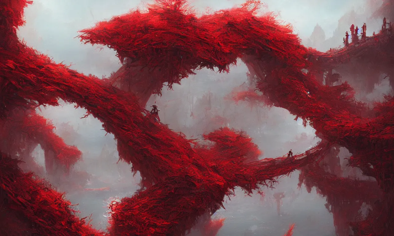 Prompt: a beautiful painting of a bridge made of tree branches across a violent tumultuous sea of red blood by john blanche and greg rutkowski, trending on artstation, midjourney