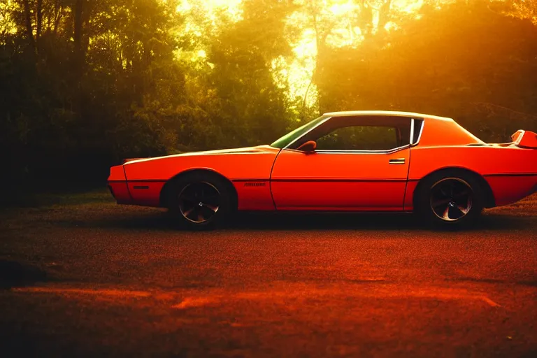 Image similar to pontiac firebird with glowing paint, sunrise, eerie light, fireflies, dog watching the car, dramatic, cinematic, forest, horror, sunbeams, volumetric lighting, wide shot, low angle, lightning storm hitting the car