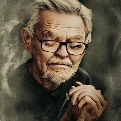 Prompt: oldman looking some photos of his wife Artwork by Andrews, Esao, cinematic composition, trending