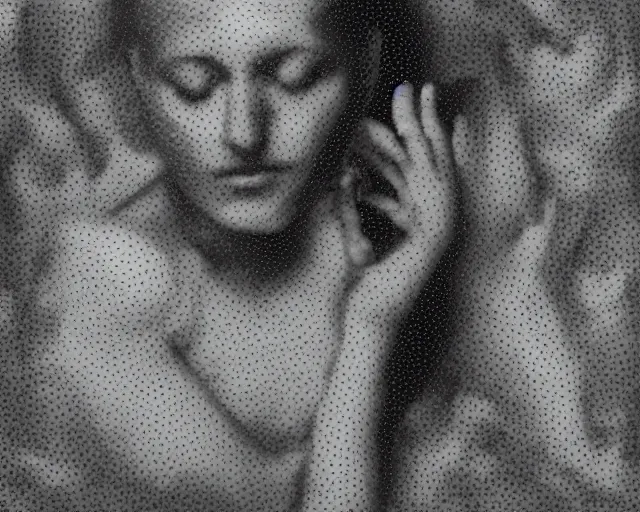 Image similar to a black and white photo of a woman's face surrounded by balls, an ambient occlusion render by Dora Maar, zbrush central, pointillism, ambrotype, marble sculpture, germaine krull,movie still, grotesque