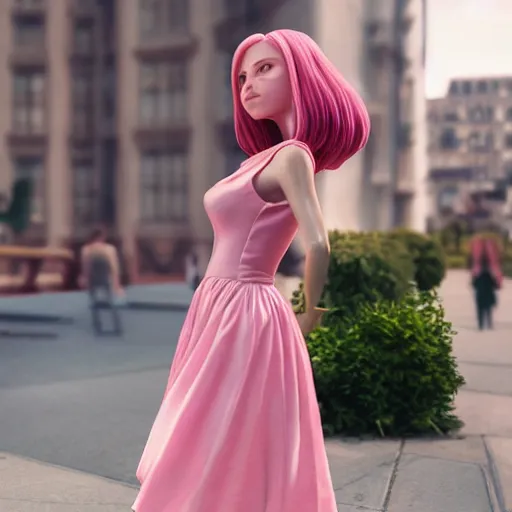 Image similar to girl with long hair and pink dress, real photo, posed, full body, instagram photo, kodak, portra, by wlop, ilya kuvshinov, krenz, cushart, pixiv, zbrush sculpt, octane render, houdini, vfx, cinematic atmosphere, 8 k, unreal engine 5, ultra detailed, photorealistic, ultra realistic