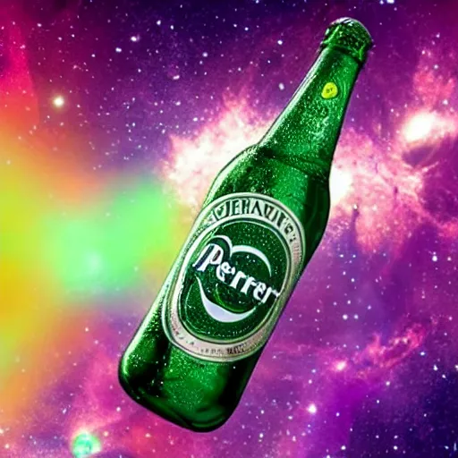 Image similar to a photo of a bottle of Perrier in space with nebula