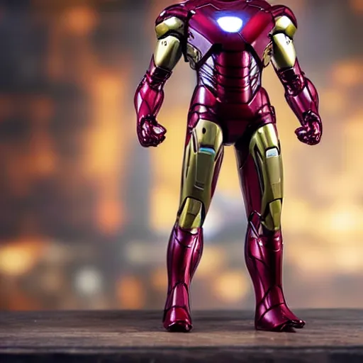 Image similar to close up of Iron man figurine in a dynamic pose on a wooden table, high detail, complex